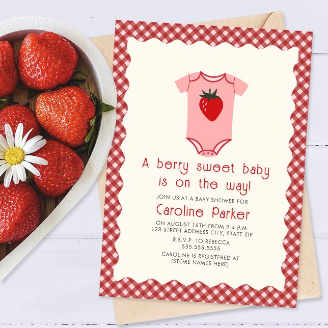 Berry Sweet Baby Strawberry Gingham Bodydrädräkt Inbjudningar (Skapare uppladdad)