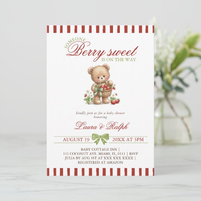 Berry Sweet Bear Jordgubbs Baby Shower Inbjudningar (Stående Fram)