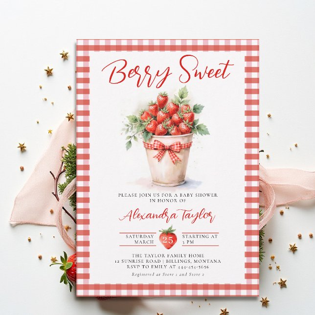 Berry Sweet Berries Art Garden Gingham Bebisbadkar Inbjudningar (berry sweet baby shower invitation fruit strawberry theme art watercolor summer garden gingham)