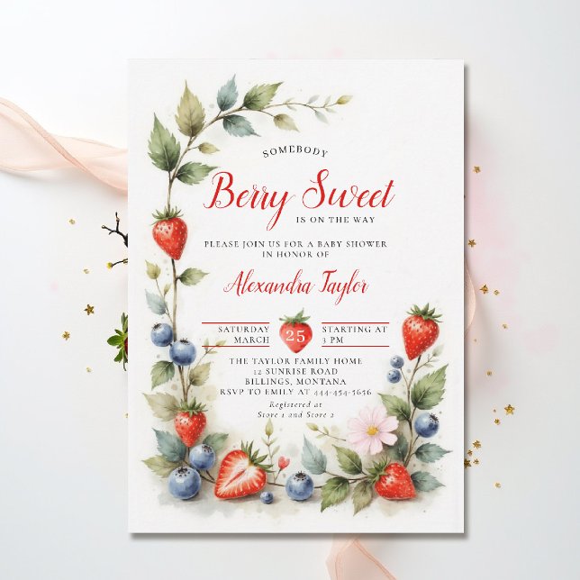Berry Sweet Berries Trädgård Neutral Bebisens Förs Inbjudningar (berry sweet baby shower invitation fruit theme strawberry berry watercolor spring summer garden)