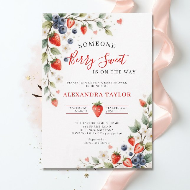 Berry Sweet Berries Vines Garden Babyfirande Inbjudningar (berry sweet baby shower invitation fruit strawberry theme watercolor summer garden cottagecore)