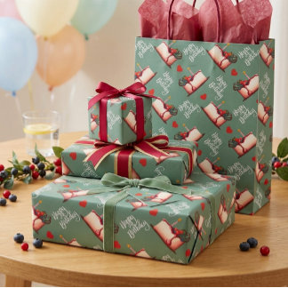Berry Sweet Birthday Cake Pattern Wrapping Paper Presentpapper