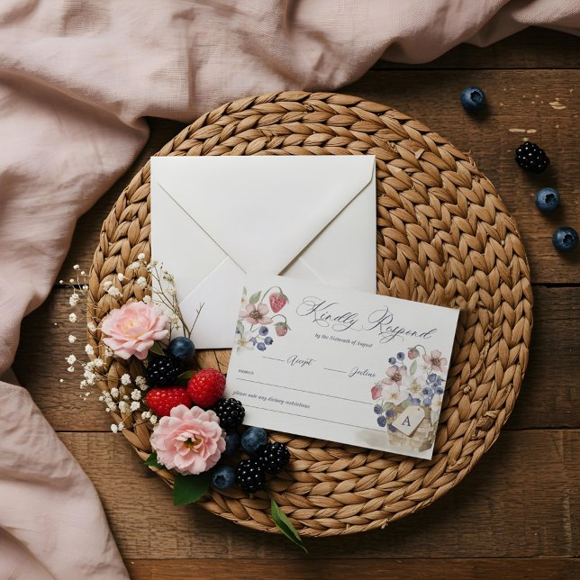 Berry Sweet Blommigt & Berry Basket Baby Shower OSA Kort (Berry Sweet Floral & Berry Basket Baby Shower RSVP Card)