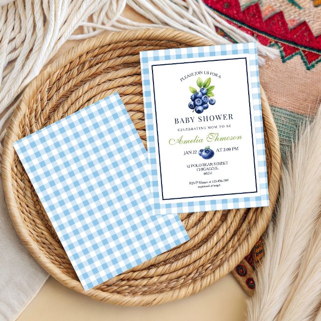 Berry Sweet Blue Gingham Barnrumsfirande Inbjudningar (Skapare uppladdad)