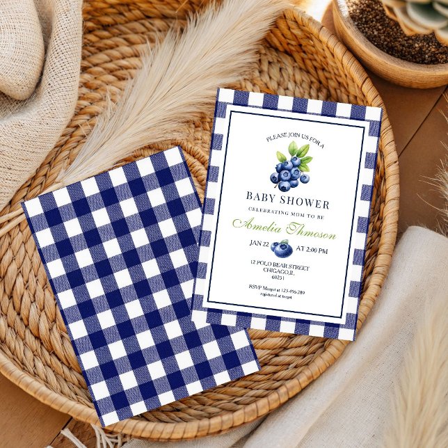Berry Sweet Blue Gingham Barnrumsfirande Inbjudningar (Skapare uppladdad)