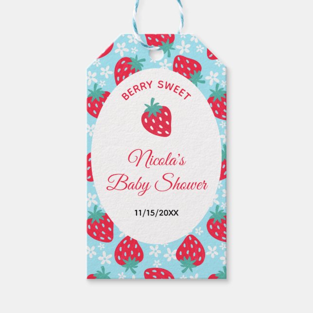 Berry Sweet Blue Strawberry Baby Shower Presentetikett (Framsidan)