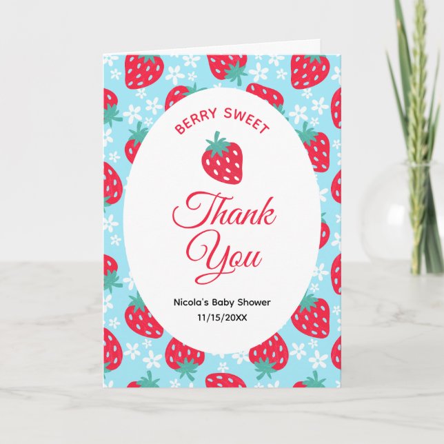 Berry Sweet Blue Strawberry Baby Shower Tack Kort (Framsida)