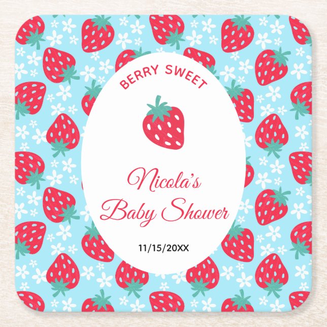 Berry Sweet Blue Strawberry Baby Shower Underlägg Papper Kvadrat (Framsidan)