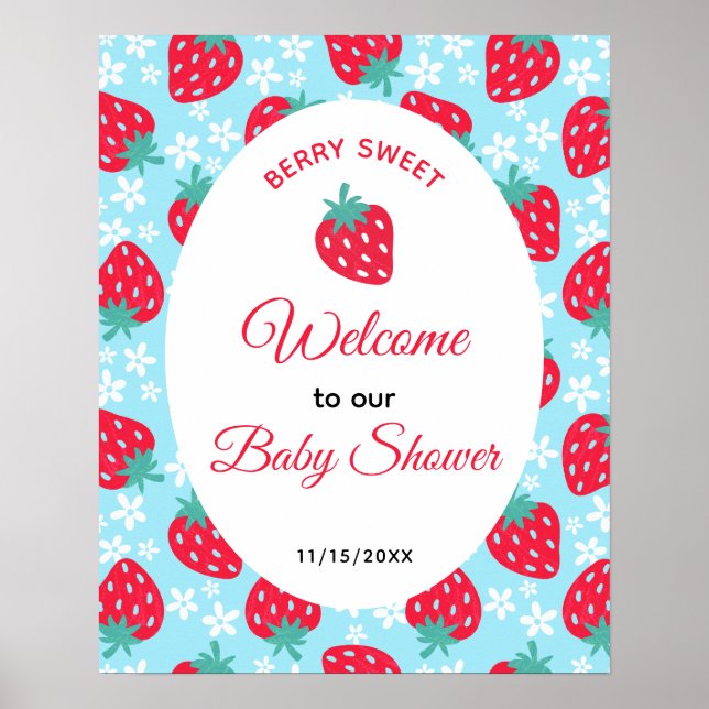 Berry Sweet Blue Strawberry Baby Shower Welcome Poster (Framsidan)