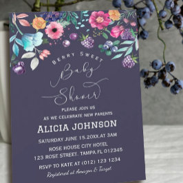 Berry Sweet Blueberry & Flowers Baby Shower Inbjudningar