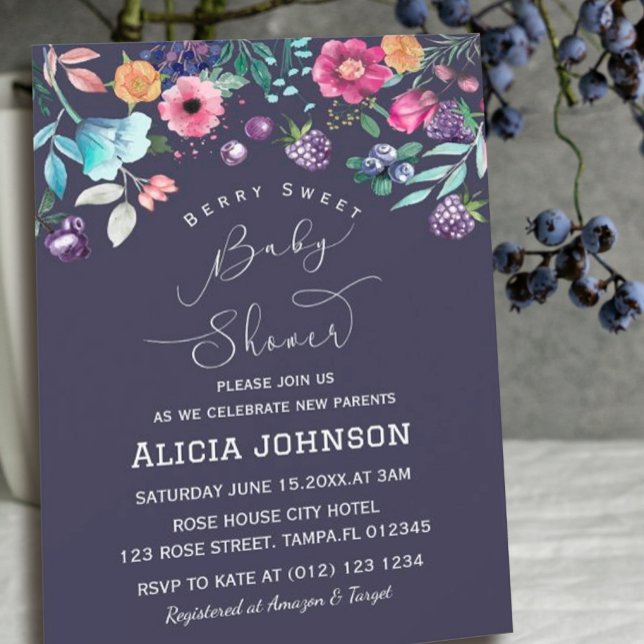 Berry Sweet Blueberry & Flowers Baby Shower Inbjudningar (# BerrySweet #watercolor #blueberry, #wildflower,navy,handlettered#spring #berrybabyshower #floral)