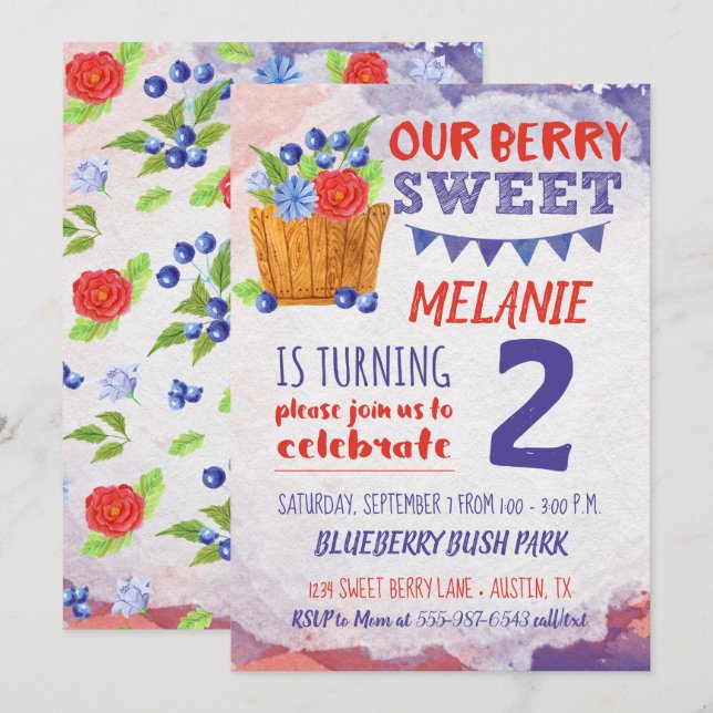 Berry Sweet Blueberry Fruit Birthday Inbjudningar (Fram/baksida)