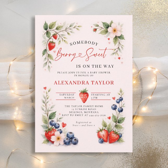 Berry Sweet Botanical Berries Pink Baby Shower Inbjudningar (berry sweet baby shower invitation fruit theme strawberry blueberry berries botanical watercolor)