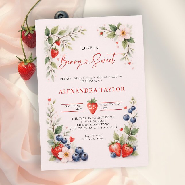 Berry Sweet Botanisk Konst Rosa Bröllopsdusch Inbjudningar (berry sweet bridal shower invitation card design floral botanical watercolor pink red calligraphy)