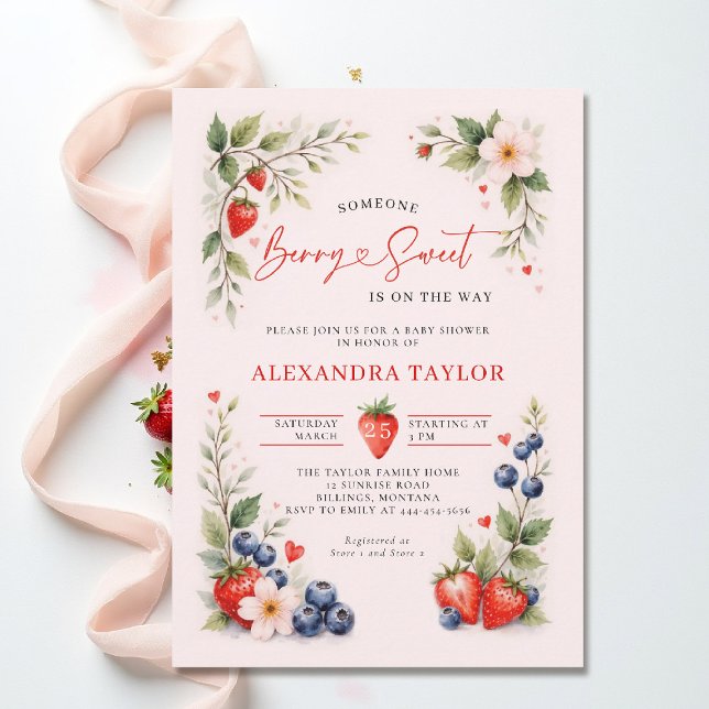 Berry Sweet Botanisk Konst Rosa Flickas Babyshower Inbjudningar (berry sweet baby shower invitation fruit strawberry theme art watercolor summer garden)