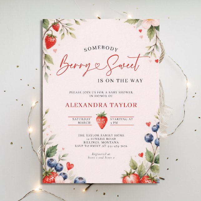 Berry Sweet Botaniska Bär Rosa Bebisbyte Inbjudningar (berry sweet baby shower invitation fruit theme strawberry berries botanical watercolor pink)