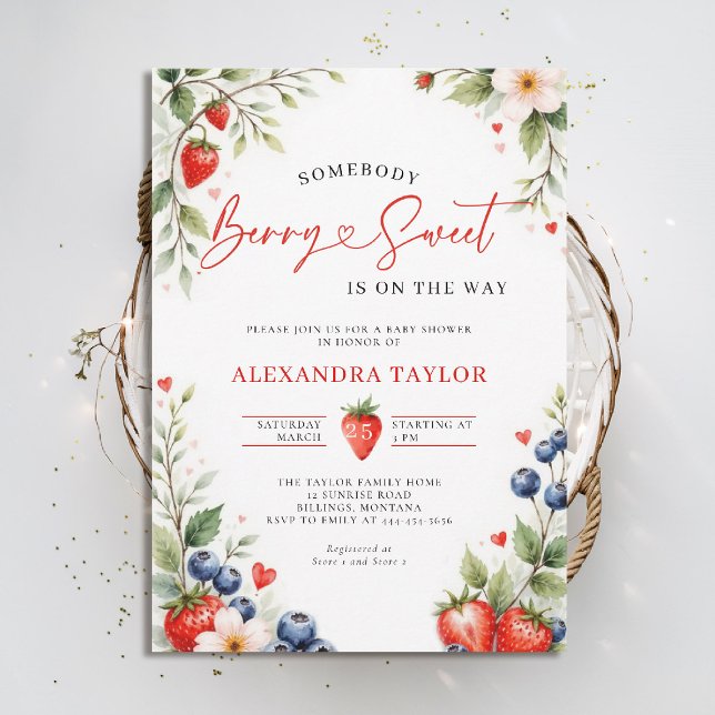 Berry Sweet Botaniska Bär Script Baby Shower Inbjudningar (berry sweet baby shower invitation fruit theme strawberry berries botanical watercolor spring summer)