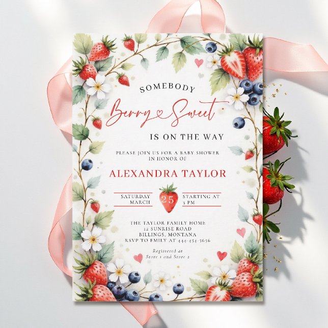 Berry Sweet Botaniska Bär Trädgård Baby Shower Inbjudningar (berry sweet baby shower invitation fruit theme strawberry berries watercolor spring summer garden)