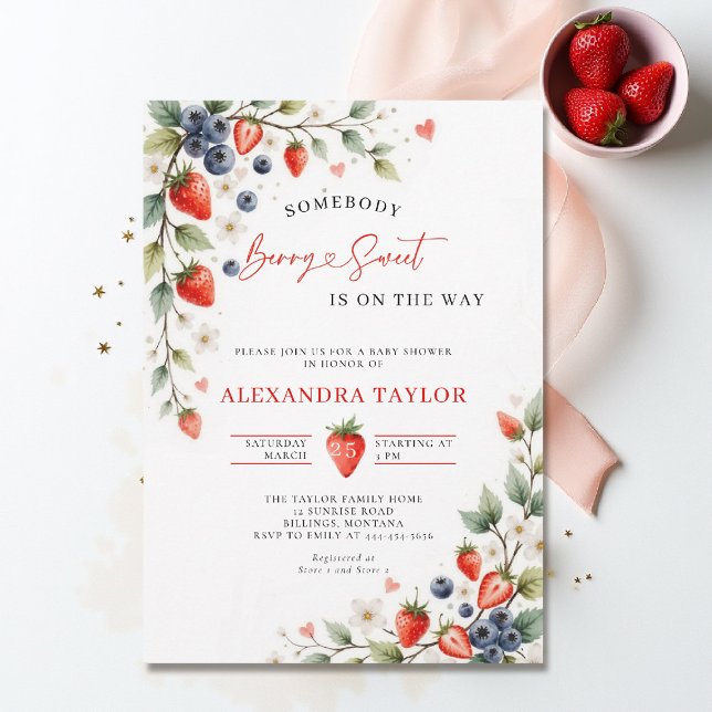 Berry Sweet Botaniska Bär Vinstockar Bebisens Förs Inbjudningar (berry sweet baby shower invitation fruit theme strawberry berries watercolor spring summer)