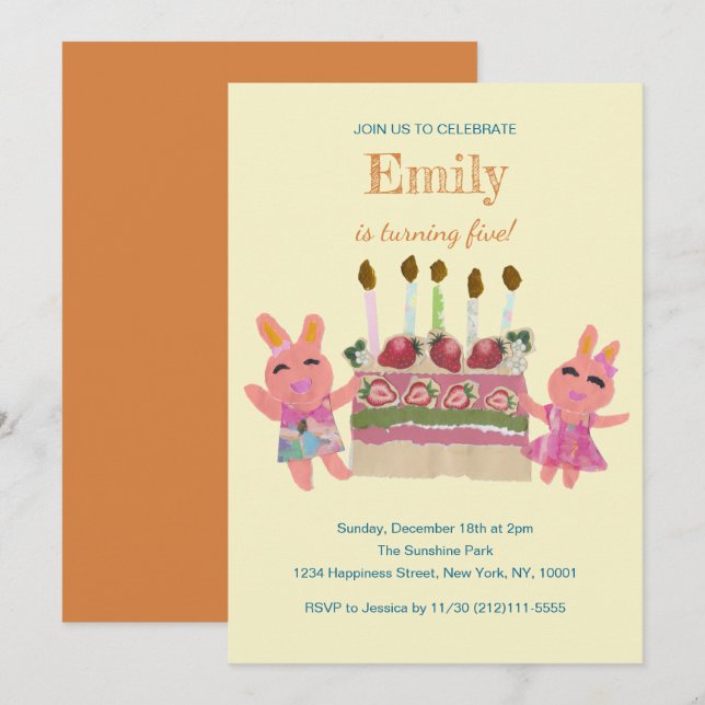 Berry Sweet Bunny Buddies| Gula Barnkalas Inbjudningar (Fram/baksida)