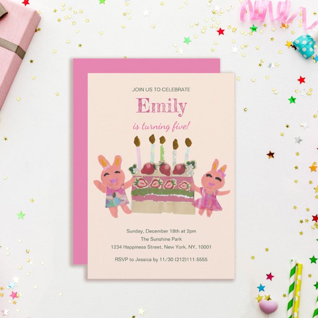 Berry Sweet Bunny Buddies| Rosa Birthday Inbjudningar (Skapare uppladdad)