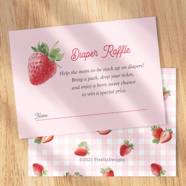 Berry Sweet Diaper Raffle Card-Strawberry Themed Tilläggskort (Strawberry Themed Diaper Raffle Card. Pink gingham berry sweet baby girl shower.)