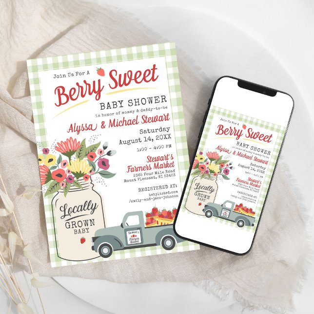 Berry Sweet Digital Bondemarknad för blivande pojk Inbjudningar (Sage green gingham farmers market rustic mason jar floral strawberry Berry Sweet Baby Shower digital)