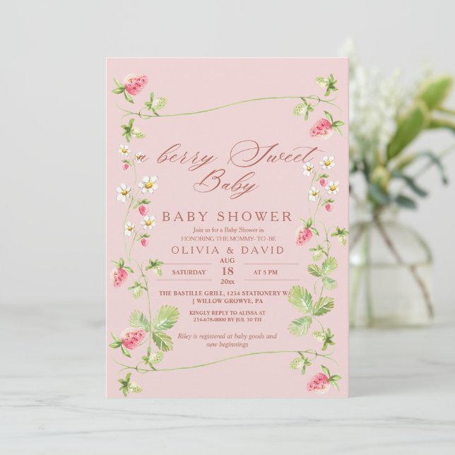 Berry Sweet Elegant Baby Shower Strawberry Inbjudningar (Stående Fram)