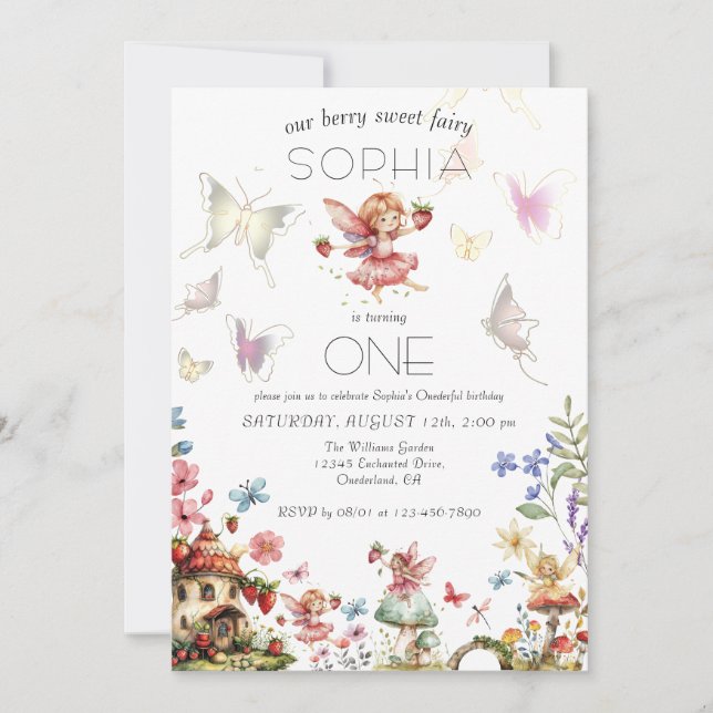 Berry Sweet Fairy Magic Strawberry Garden Birthday Inbjudningar (Framsida)