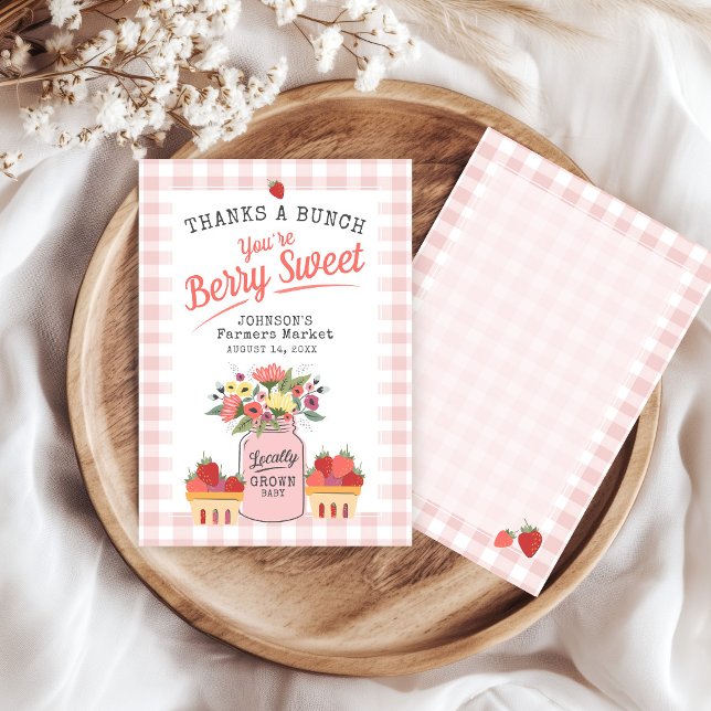 Berry Sweet Farmers Market Cute Flicka Shower Tack Kort (Pink gingham Farmers Market Locally Grown Mason Jar floral berry sweet baby shower thank you card)