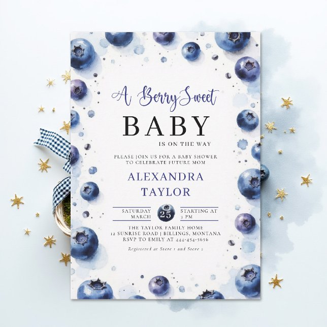 Berry Sweet Farmhouse Chic Blåbär Baby Shower Inbjudningar (berry sweet baby shower invitation boy blue blueberries rustic farmhouse chic watercolor)