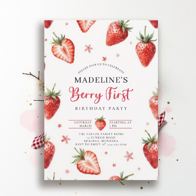 Berry Sweet Farmhouse Chic Watercolor 1st Birthday Inbjudningar (berry first birthday party invitation girls strawberry 1st photo watercolor summer farmhouse patch)