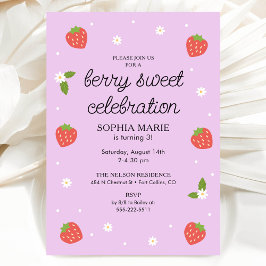 Berry Sweet Firande Strawberry Birthday Lilac Inbjudningar