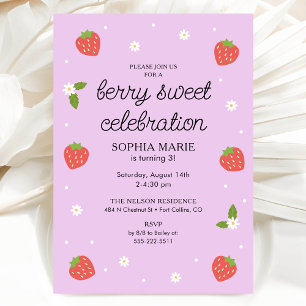 Berry Sweet Firande Strawberry Birthday Lilac Inbjudningar