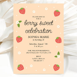 Berry Sweet Firande Strawberry Birthday Peach Inbjudningar