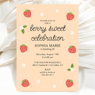 Berry Sweet Firande Strawberry Birthday Peach Inbjudningar