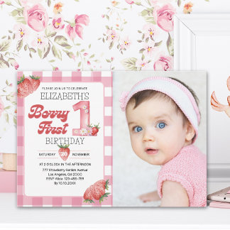 Berry Sweet First Birthday Photo – Straberry party Inbjudningar