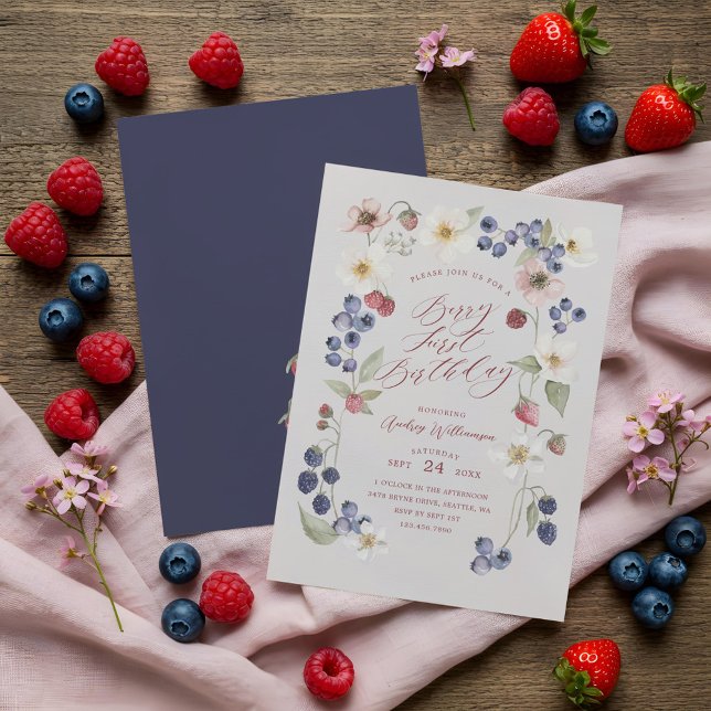 Berry Sweet First Birthday Vild Berries & Flowers Inbjudningar (Berry Sweet Fist Birthday Wild Berries & Flowers Invitation)