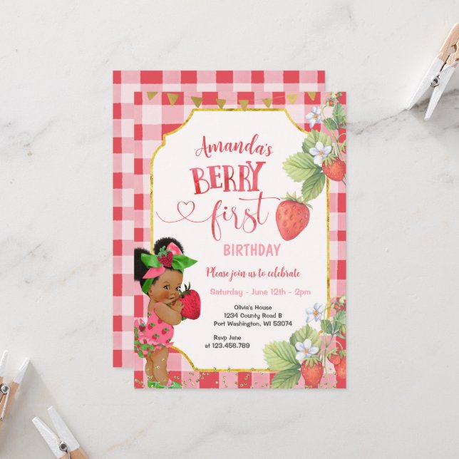 Berry Sweet FIRST Strawberry Birthday Girl Party Inbjudningar (Fram/Back In Situ)