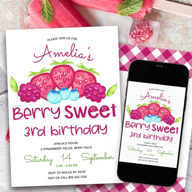 Berry Sweet Flickas 3-års inbjudan (Berry Sweet 3rd Birthday Invitation)