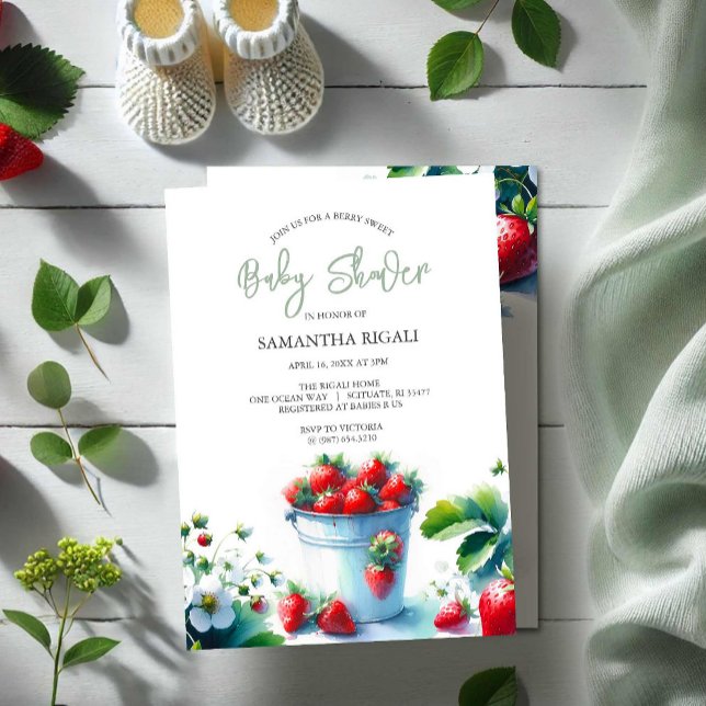 Berry Sweet Gender Neutral Baby Shower Inbjudningar (Summer baby shower invitations front gender neutral watercolor strawberries Do Tell A Belle)