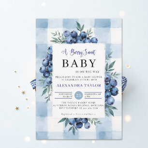 Berry Sweet Gingham Blåbär Bebisens Första Dagfira Inbjudningar