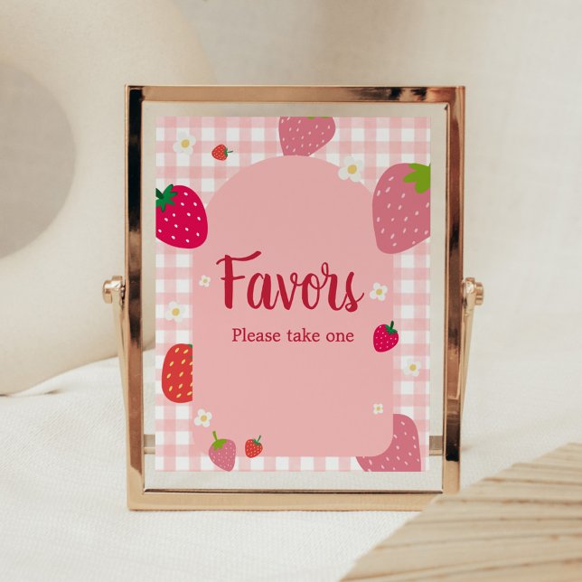 Berry Sweet Gingham Strawberry Baby Shower Favues  Poster (Gingham Strawberry Berry Sweet Baby Shower Favors Sign)