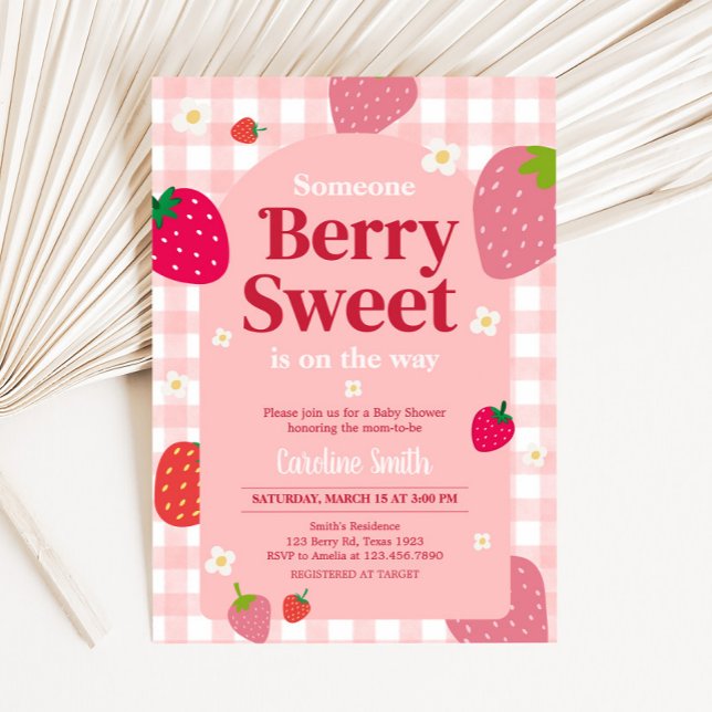 Berry Sweet Gingham Strawberry Baby Shower Inbjudningar (Gingham Strawberry Berry Sweet Baby Shower Invitation
)