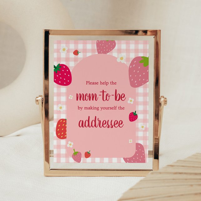 Berry Sweet Gingham Strawberry EnKue Station Poster (Gingham Strawberry Berry Sweet Baby Shower Envelope Station Sign)