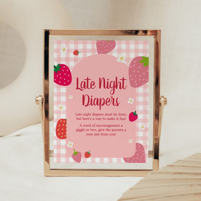 Berry Sweet Gingham Strawberry Late Night Diaper Poster (Gingham Strawberry Berry Sweet Baby Shower Late Night Diapers Sign)