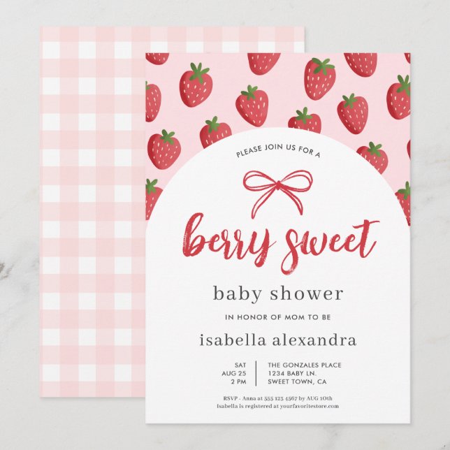 Berry Sweet Girl Rosa Bow Strawberry Baby Shower Inbjudningar (Fram/baksida)