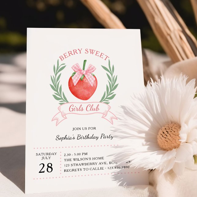 Berry Sweet Girls Klubb Strawberry Bow Birthday Inbjudningar (Berry Sweet girls birthday party invitation with strawberries and pink bows by Darling & May)