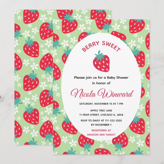 Berry Sweet Green Strawberry Baby Shower Inbjudningar (Fram/baksida)