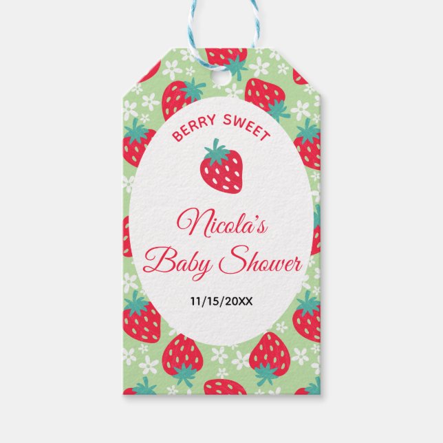 Berry Sweet Green Strawberry Baby Shower Presentetikett (Framsidan)